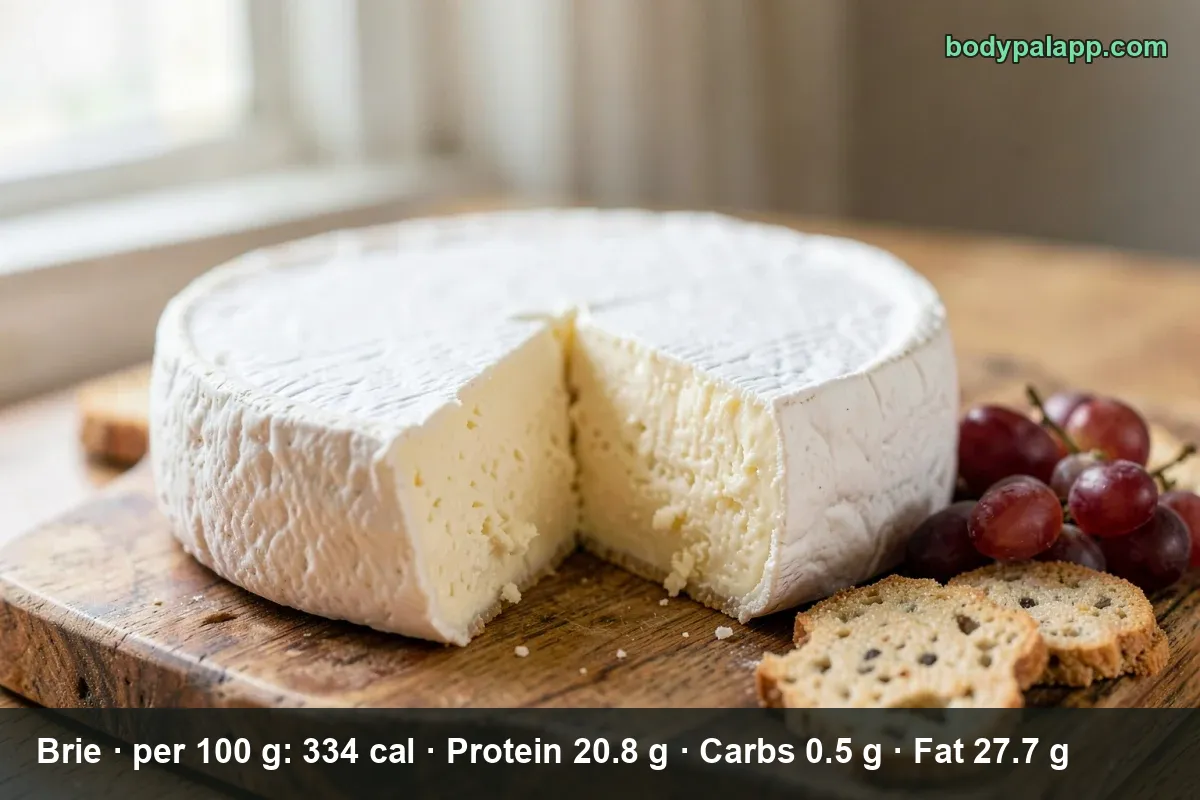 Whole brie wheel with a cut wedge and a soft flowing center, steam rising.