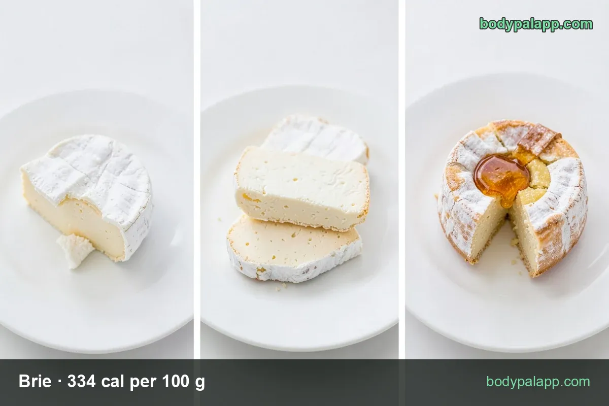 Four brie servings: melted wheel on greens, cut wheel on a board, slices on salad; 1 oz 95 cal and 1 cup sliced 481 cal.