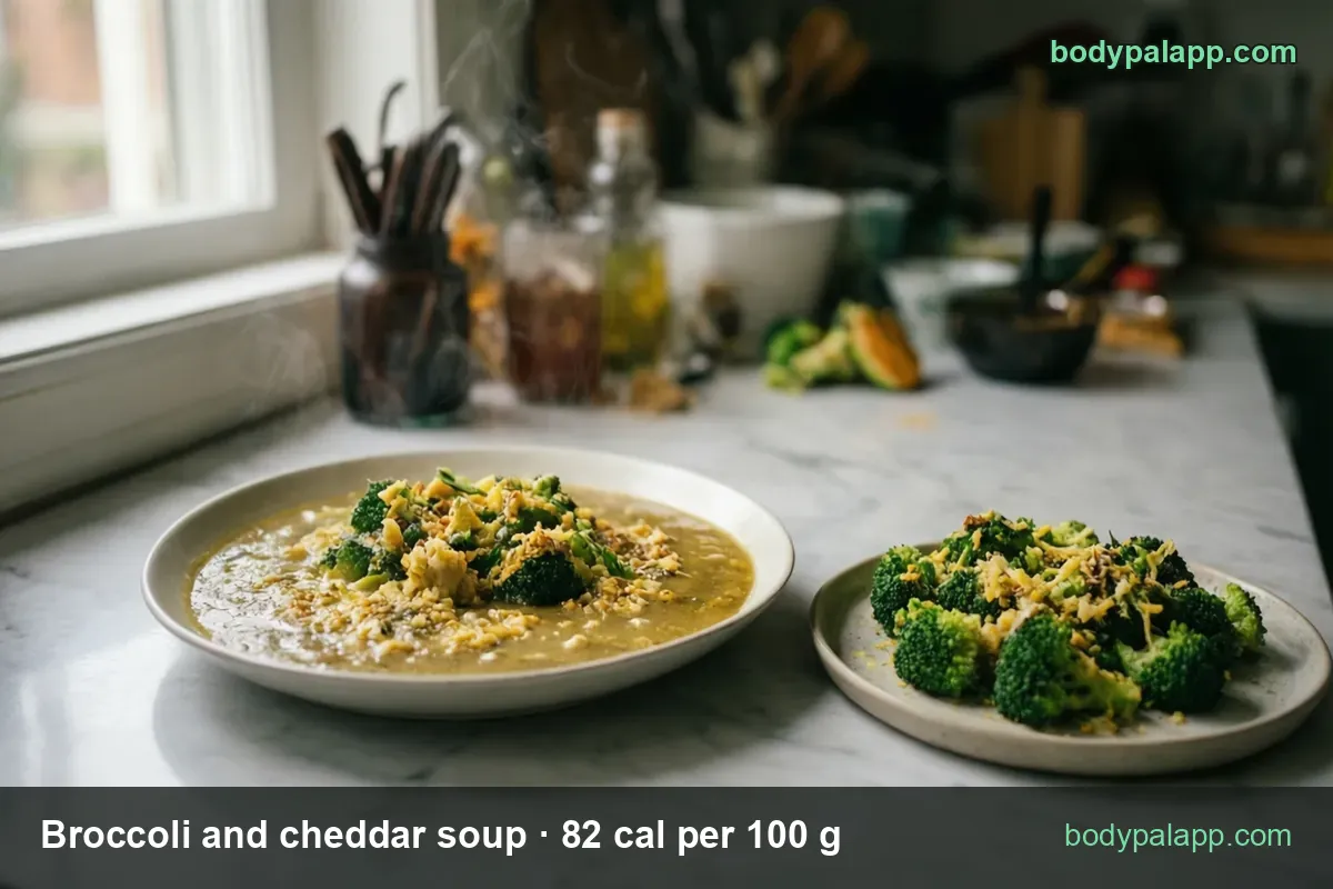 Shallow plate of broccoli cheddar soup with florets and cheese; chips 1 cup (255 g) 209 cal and container (440 g) 361 cal
