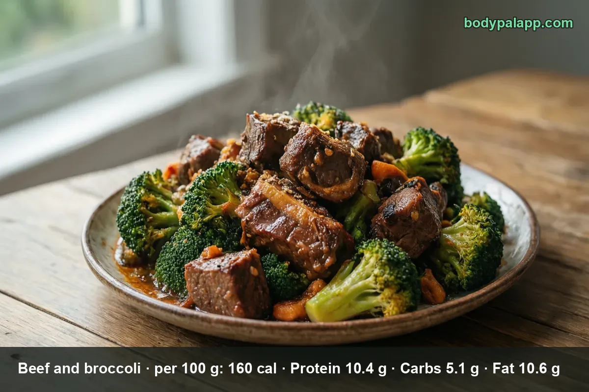 A full plate of large beef cubes and broccoli florets in glossy sauce, steaming.