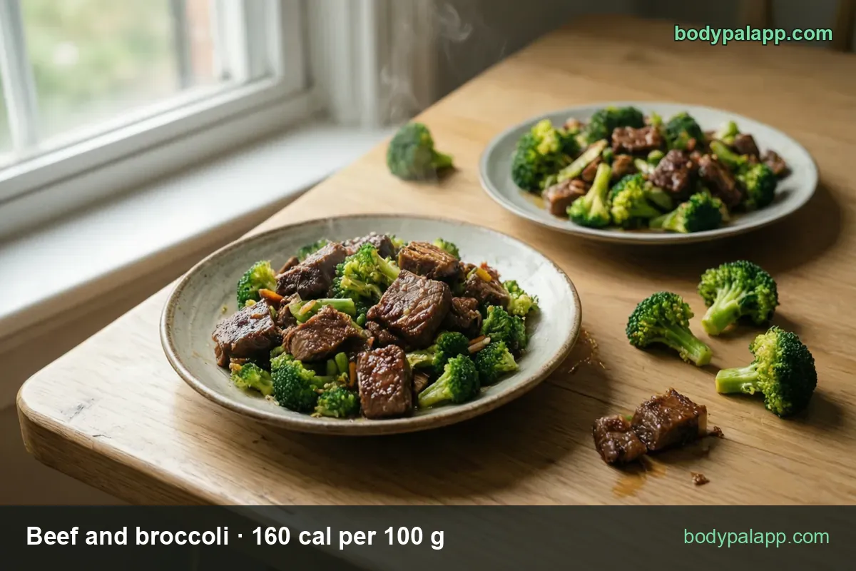 Two plates of beef cubes and broccoli in sauce with four loose florets and a beef piece beside them; 1 cup 347 cal, 1/2 cup 174 cal.