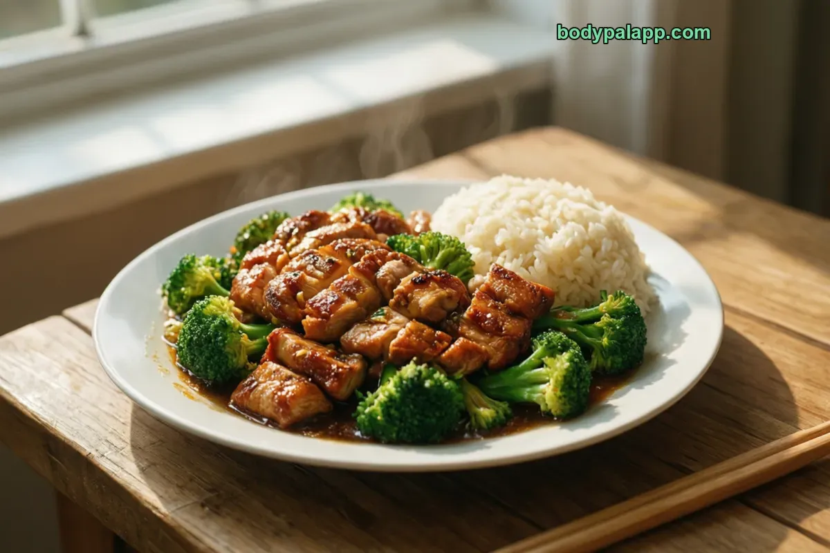 Chicken and broccoli, stir-fried, soy-based sauce