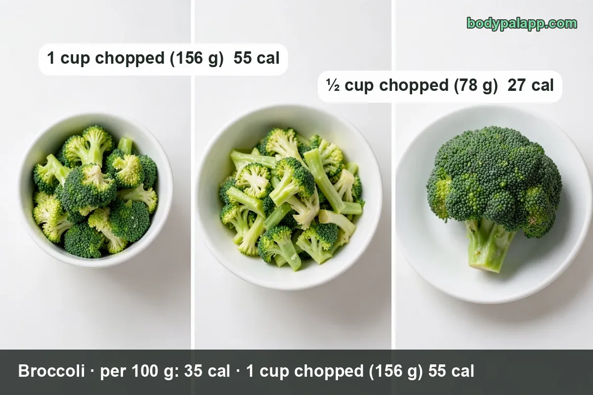 Three plates of cooked broccoli florets with a crumb topping: 1 cup chopped (156 g) 55 cal and half a cup (78 g) 27 cal