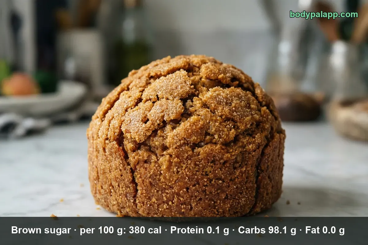 Packed dome of brown sugar with a cracked surface and loose sugar crumbs on a marble countertop.