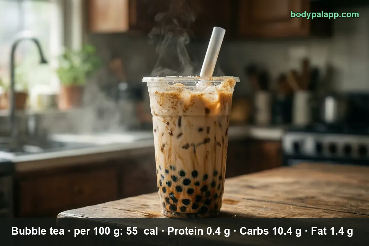 Clear plastic cup of bubble tea with a lid, wide straw and a thick layer of black tapioca pearls, lightly steaming.