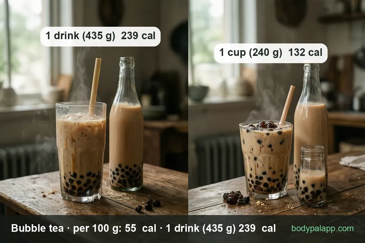 Milk tea cup with thick straw and tapioca layer beside a bottle and loose pearls; chips read 1 drink 435 g 239 cal and 1 cup 240 g 132 cal.