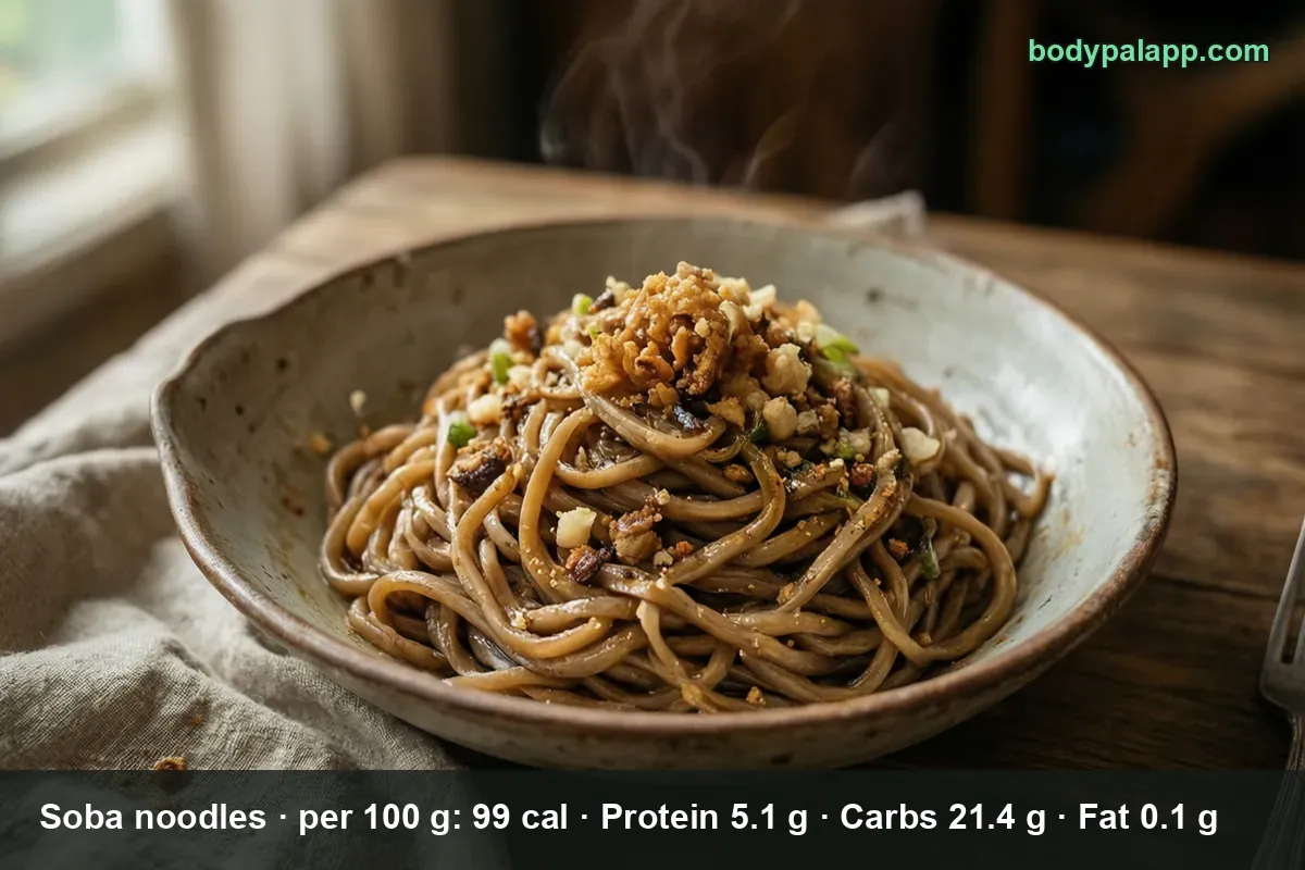 Bowl of dark buckwheat soba noodles topped with a crisp sprinkle