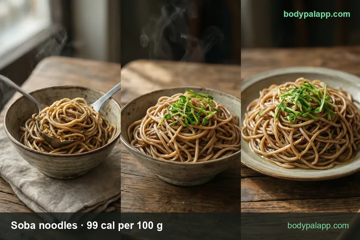 Bowls of soba noodles with sliced scallions and steam and a plate of soba; chips read 1 cup 113 cal and 2 cups 226 cal