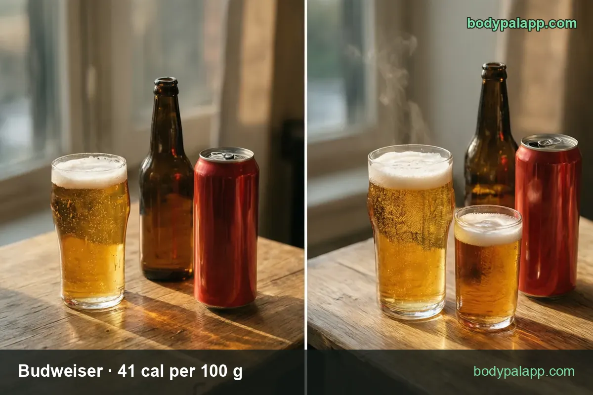 Two panels of Budweiser: pint with foam, brown bottle and red can, marked 12 fl oz can 146 cal and 16 fl oz pint 195 cal