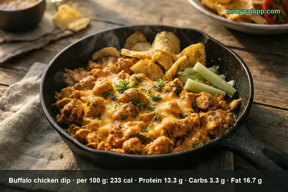 Cast-iron skillet of buffalo chicken dip with chunks of chicken in melted cheese, tortilla chips and celery sticks