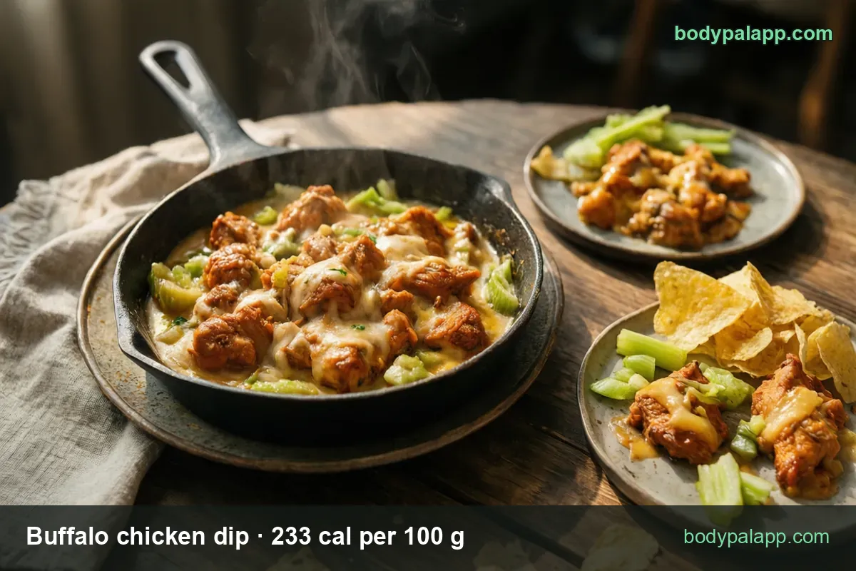 Skillet of buffalo chicken dip with celery and tortilla chips, labeled 1/4 cup (60 g) 140 cal and 2 Tbsp (30 g) 70 cal