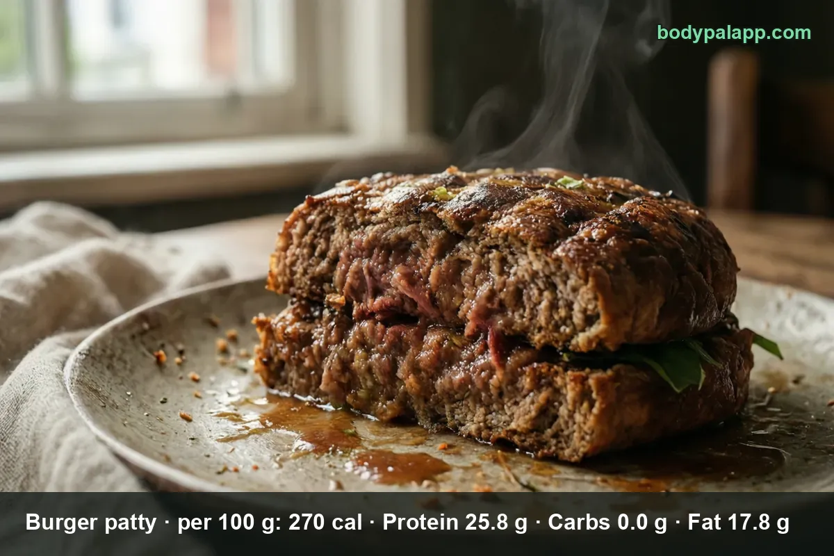 Thick grilled burger patty with a pink center and rising steam.