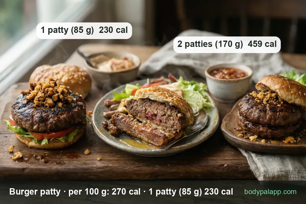 Three burgers on a wooden board with two sauce bowls: 1 patty (85 g) 230 cal and 2 patties (170 g) 459 cal.