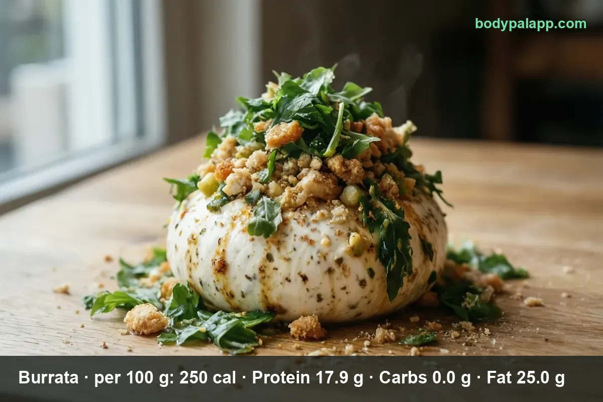 Ball of fresh white burrata with arugula and crumbs, steam rising
