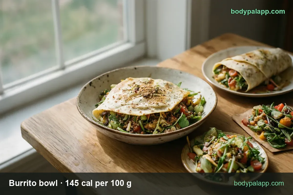 Burrito bowl of ground meat, vegetables and lettuce under a whole tortilla; 1 bowl (270 g) 392 cal, 1 cup (120 g) 174 cal