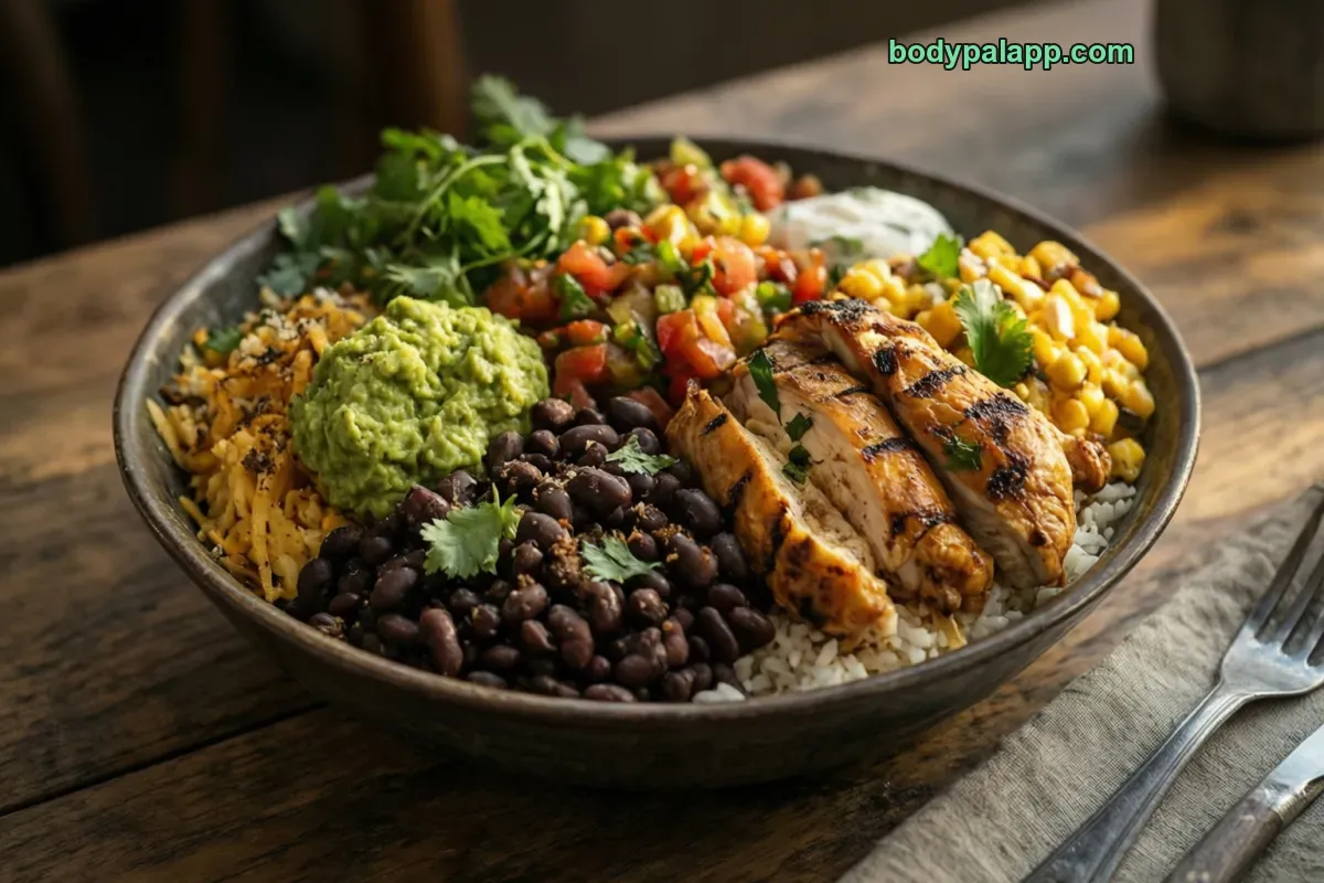 Qdoba burrito bowl, chicken, beans, rice (generic)