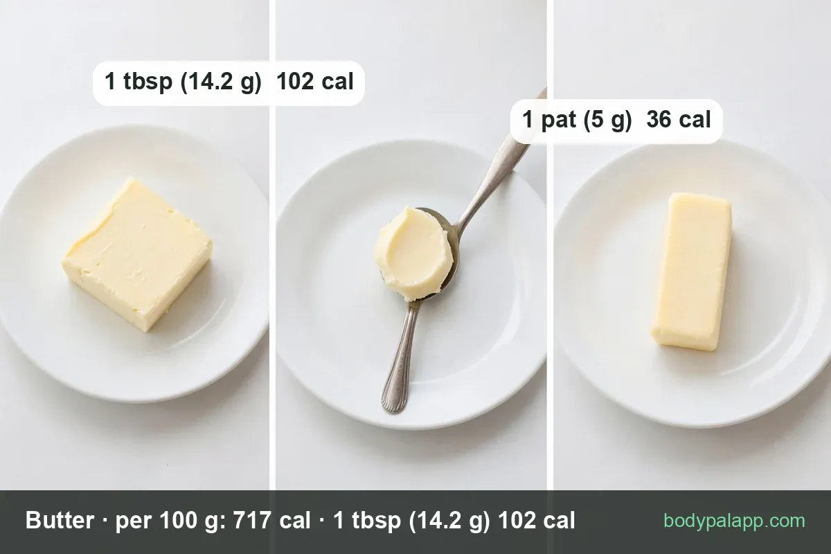 Block of butter on a plate with two serving labels: 1 tbsp (14.2 g) 102 cal and 1 pat (5 g) 36 cal