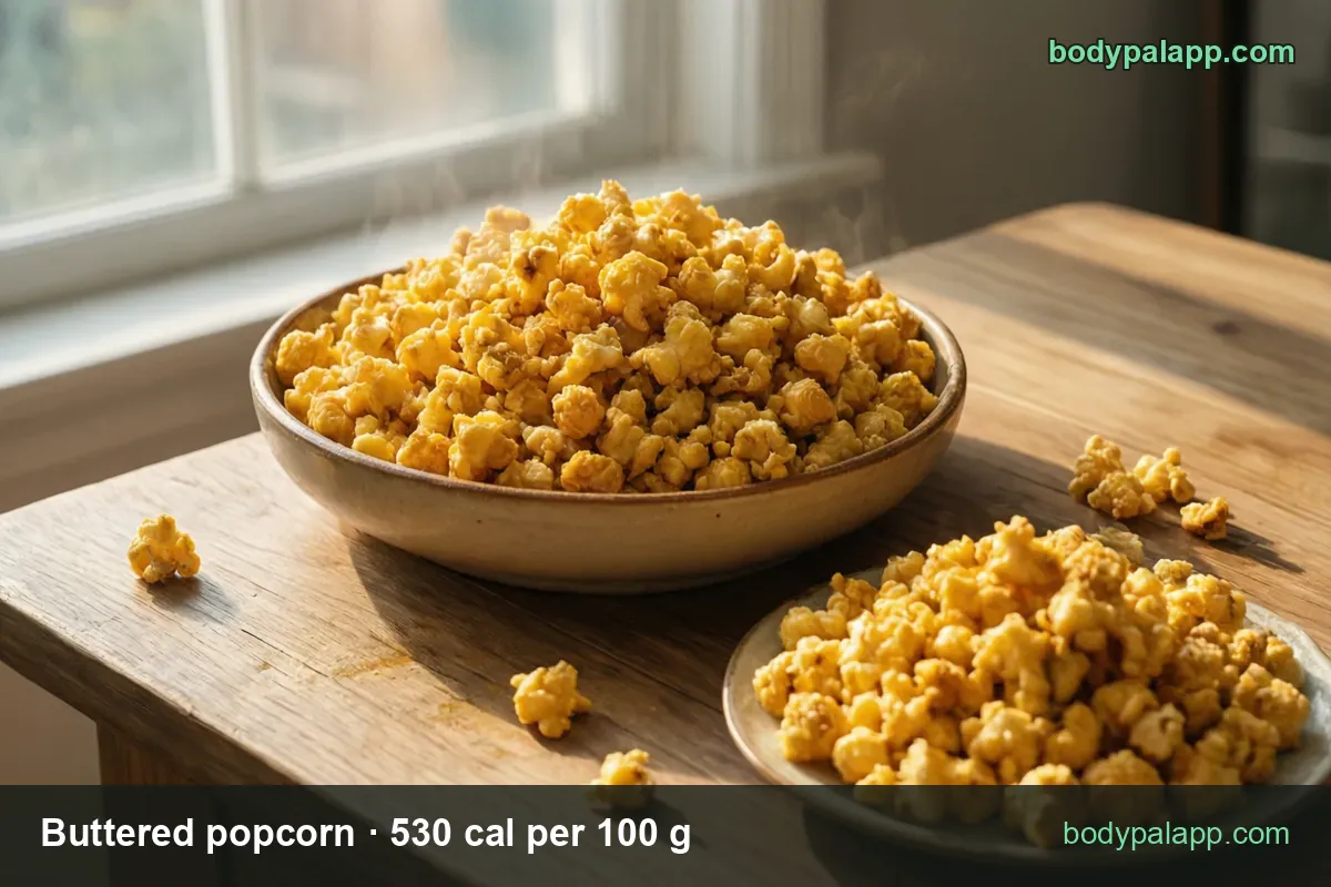 Bowl of buttered popcorn and a flat plate of popcorn with kernels scattered on the table, 4 cups 56 g 297 cal and 1 cup 14 g 74 cal