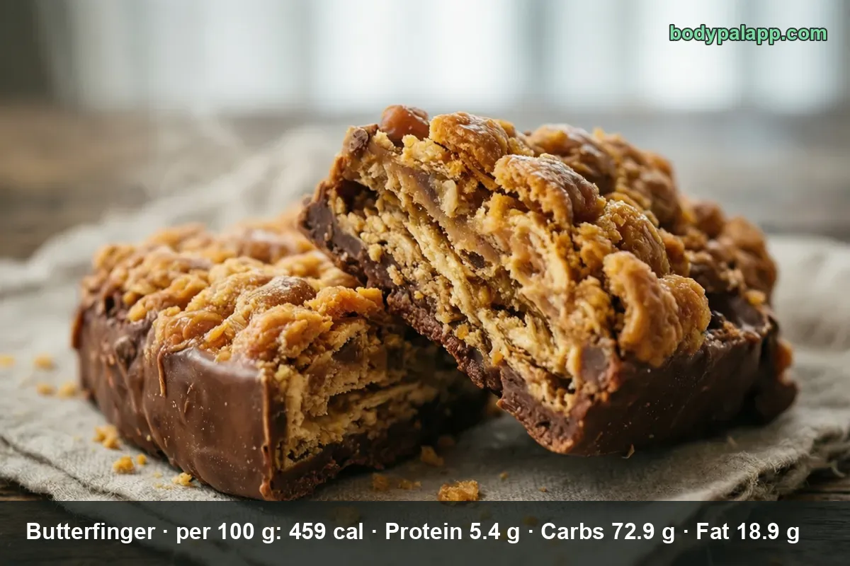 Two broken Butterfinger bars showing the chocolate coating and the flaky peanut butter layers inside.