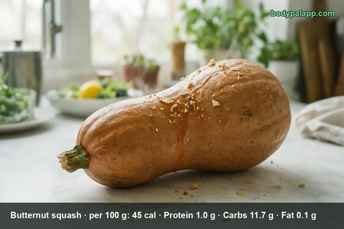 Whole pear-shaped beige butternut squash resting on a counter