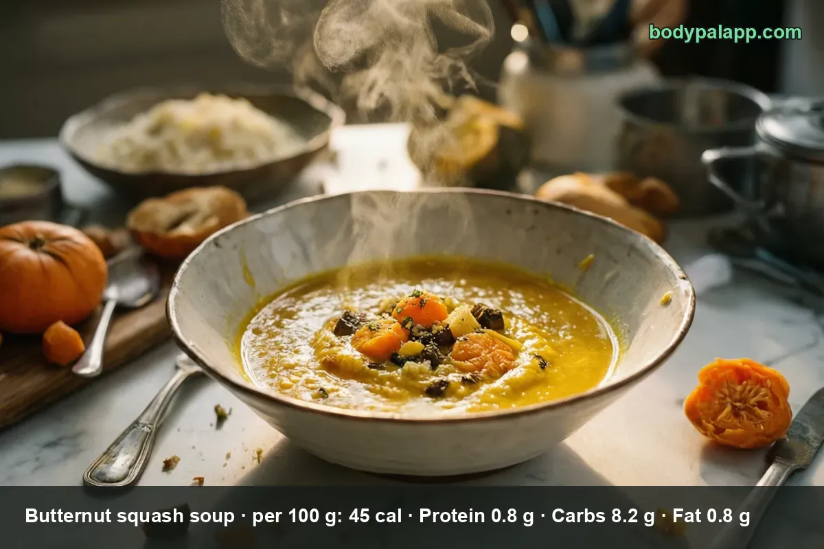Bowl of smooth butternut squash soup topped with squash cubes, steam rising, a small squash beside it