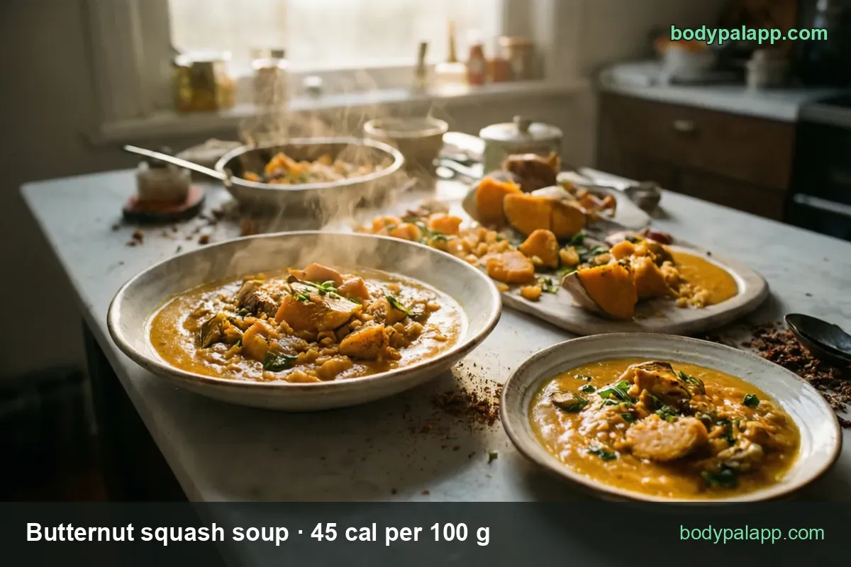 Two deep bowls of chunky butternut squash soup with herbs, roasted squash slices behind; 1 bowl 490 g 221 cal, 1 cup 245 g 110 cal