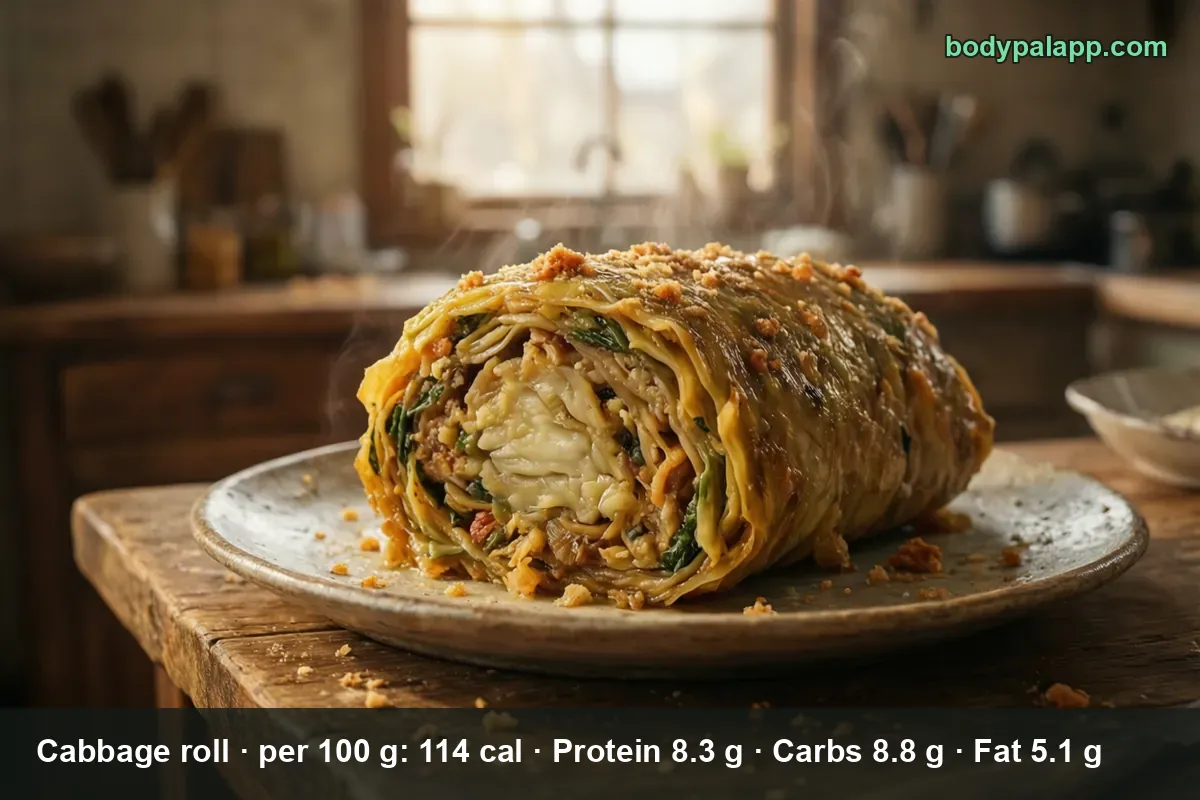 One extra-large cabbage roll cut crosswise, showing the cabbage and beef filling, dusted with crumbs, in close-up