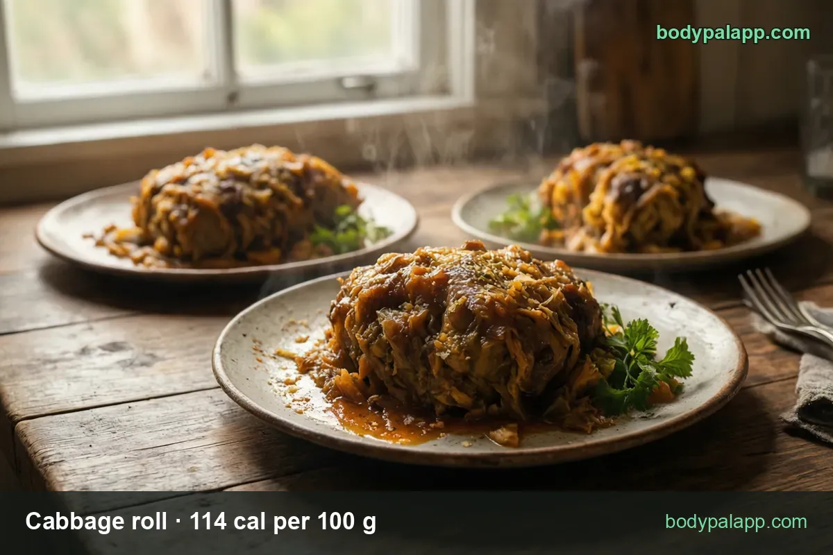 Three plates, each with one whole-leaf cabbage roll in brown sauce with parsley and steam; 1 roll (103 g) 117 cal and 1 cup (162 g) 185 cal