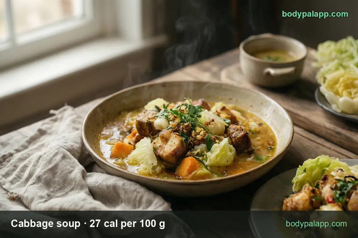 Thick cabbage soup with meat and carrots, cup of broth behind; chips 1 cup 66 cal and 2 cups 132 cal.