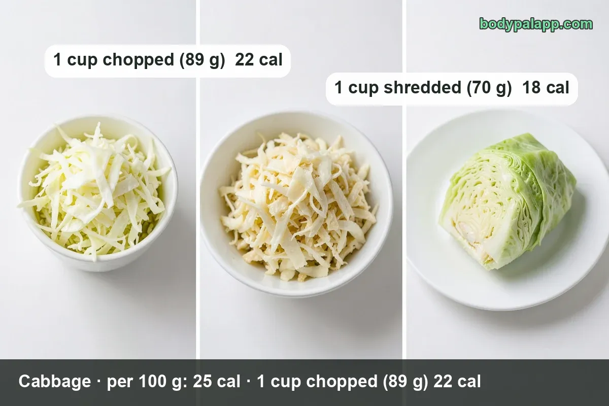 Three-panel braised cabbage collage with chips reading 1 cup chopped (89 g) 22 cal and 1 cup shredded (70 g) 18 cal