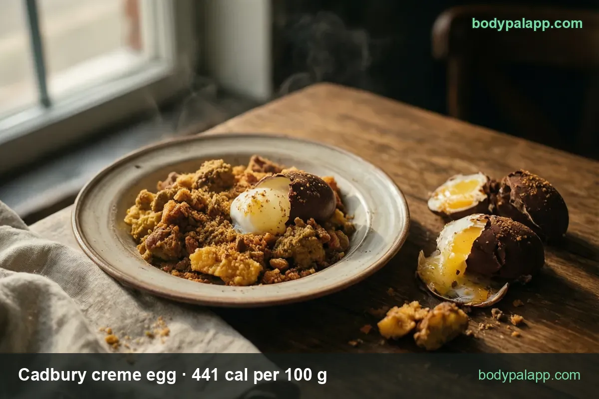 Half a creme egg on crumbled cake with two broken and one whole egg; chips read 1 egg 34 g 150 cal and half an egg 17 g 75 cal