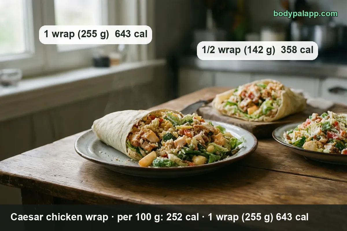 Two Caesar chicken wraps, one sliced on a plate and one whole on a board - 1 wrap (255 g) 643 cal, 1/2 wrap (142 g) 358 cal