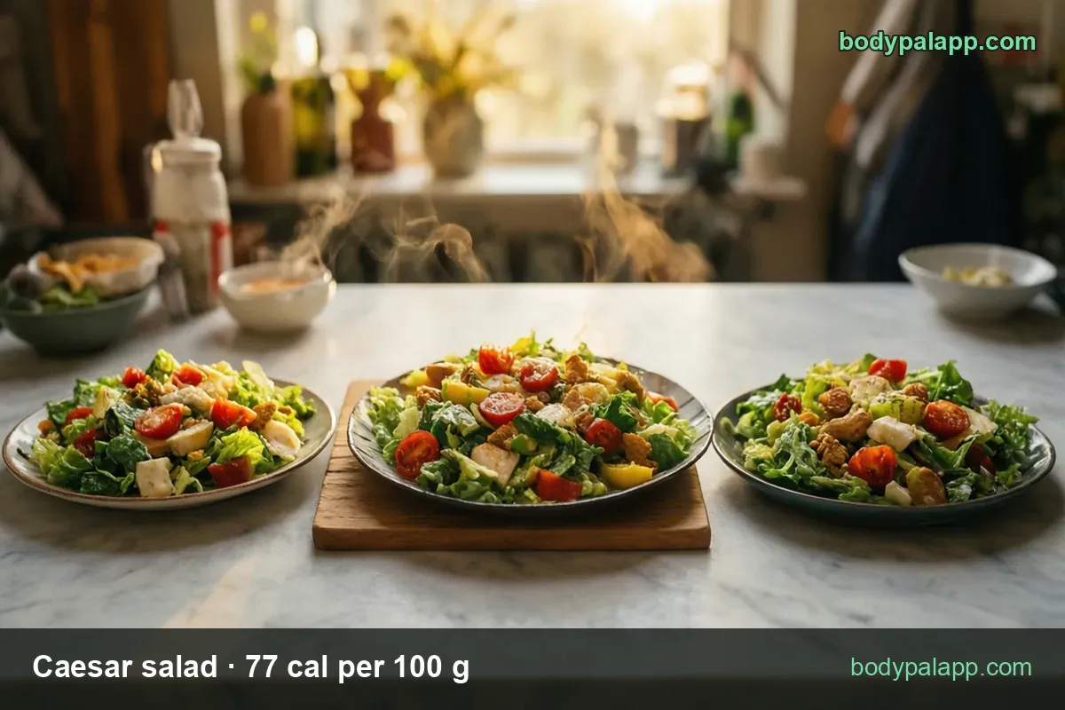 Three plates of Caesar salad with romaine, cherry tomatoes, chicken and croutons; 1 cup 79 g 61 cal and 1 side salad 113 g 87 cal.