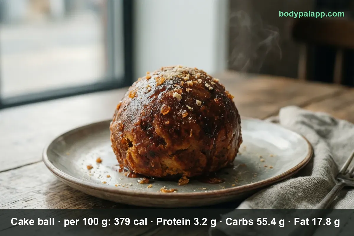 One large cake ball with a shiny brown glaze and loose crumbs on a plate
