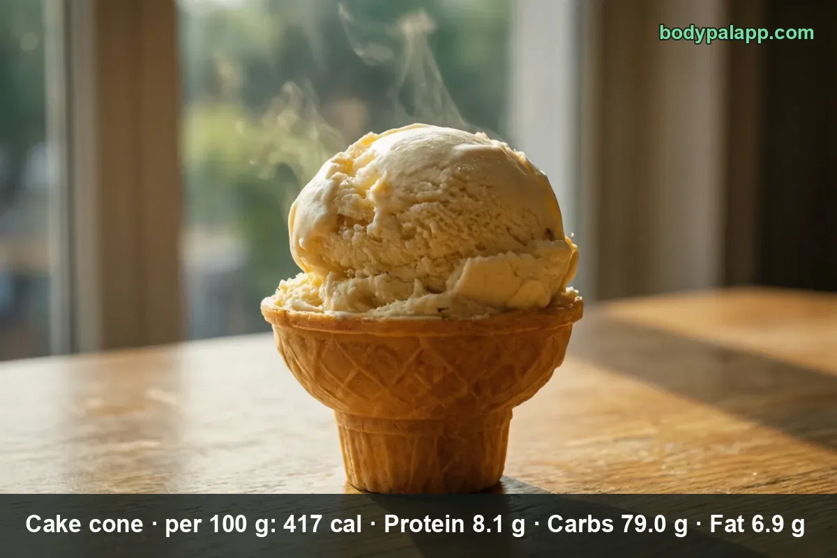 Flat-bottomed cake cone holding a scoop of vanilla ice cream, steam rising around it.