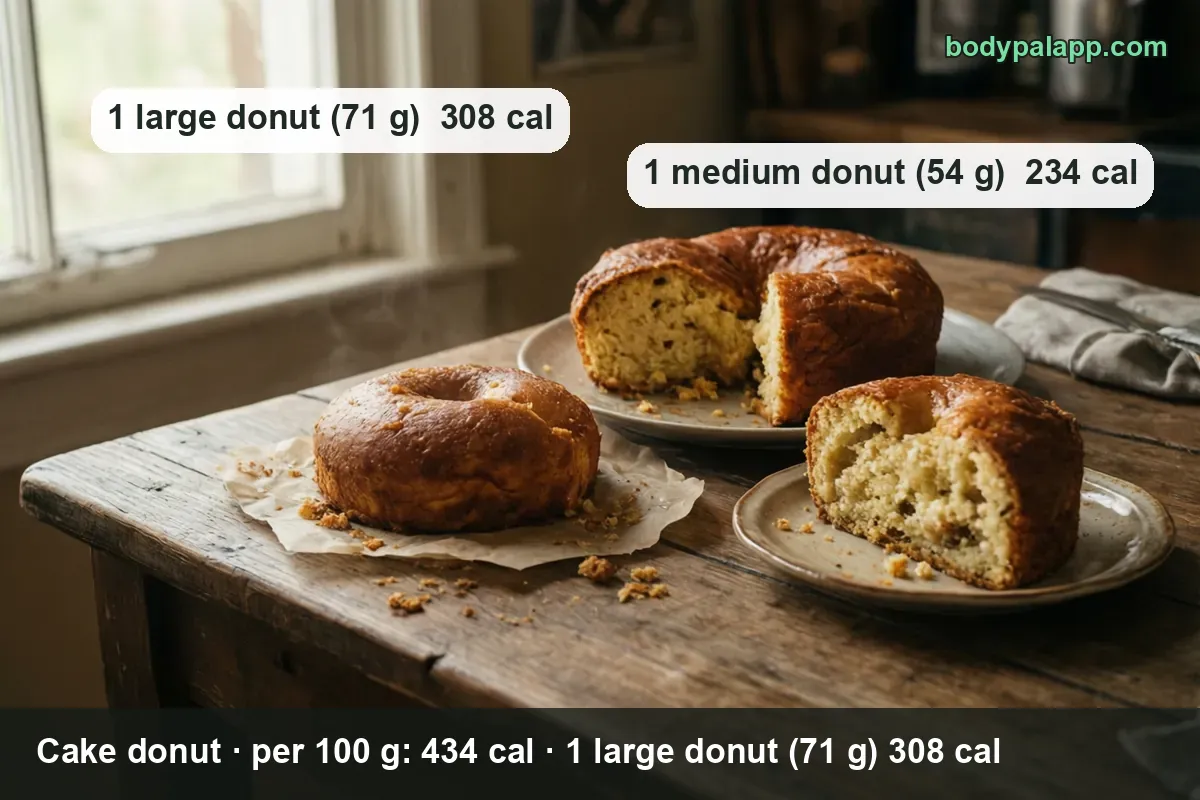 Whole cake donut on paper, a cut ring and a slice on plates: 1 large donut (71 g) 308 cal, 1 medium donut (54 g) 234 cal.