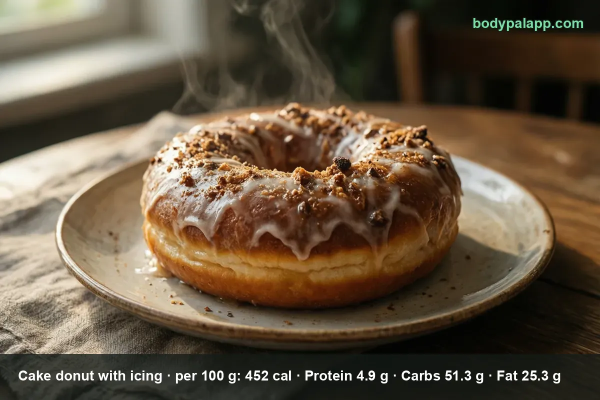 Large cake donut with thick white icing and crumb streusel on a plate, steam rising.
