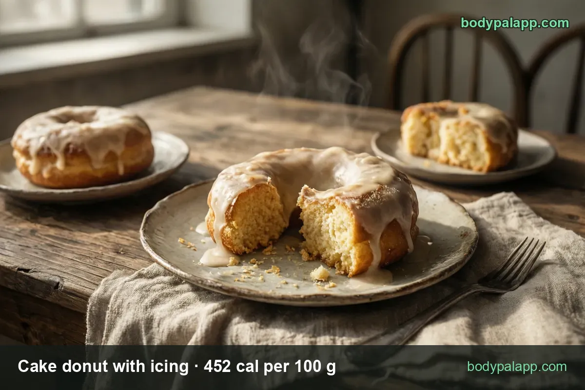 Iced cake donuts, one halved to show the dense crumb - 1 medium (43 g) 194 cal, 1 large (67 g) 303 cal.
