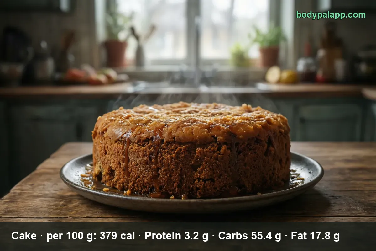 Whole round brown cake with caramel glaze on a plate, steam rising from the top