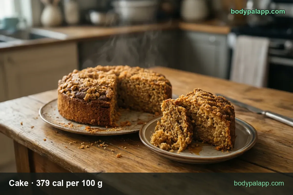 Round streusel-crumb cake with one slice cut out and a plated slice beside it; 144 g slice 546 cal, 64 g slice 243 cal