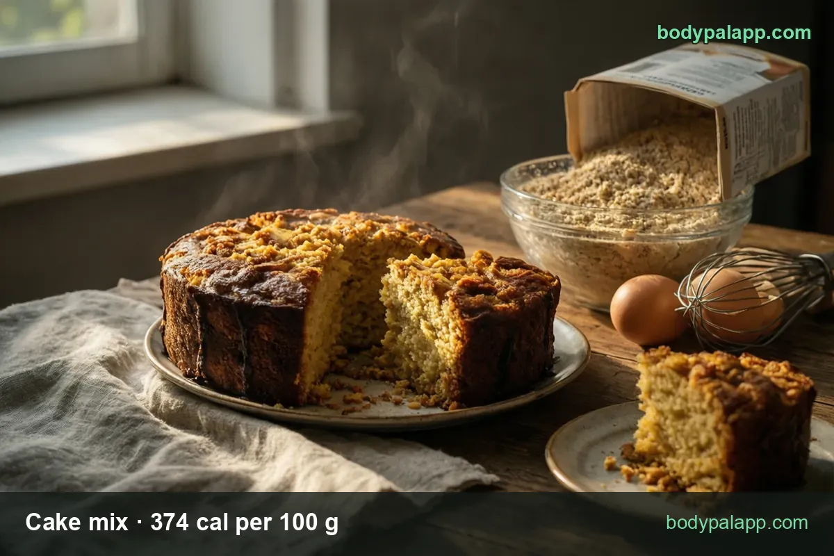 Baked round cake with a slice cut, glass bowl of dry mix and mix box; chips 1 serving (43 g) 161 cal and 1 box (524 g) 1960 cal.