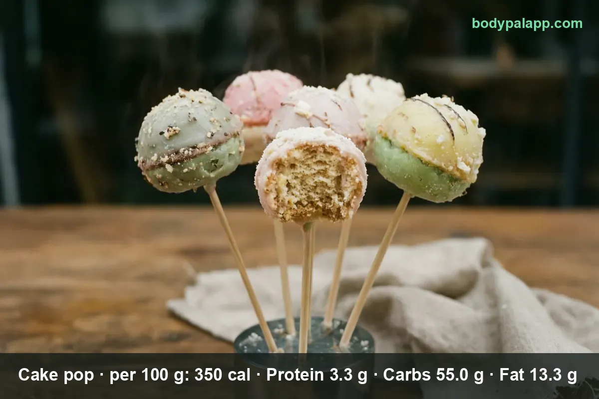 Six pastel cake pops on sticks in a metal cup, one bitten open to show the plain cake centre.