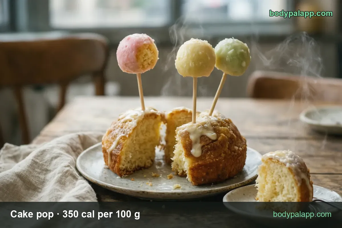 Pink, yellow and green cake pops stuck in a small glazed cake; chips read 1 cake pop (60 g) 210 cal and 2 cake pops (120 g) 420 cal.