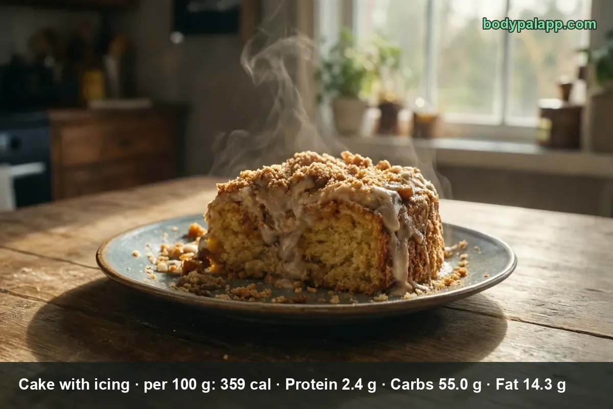 One large slice of cake with white icing and streusel crumbs on a plate, steam rising.