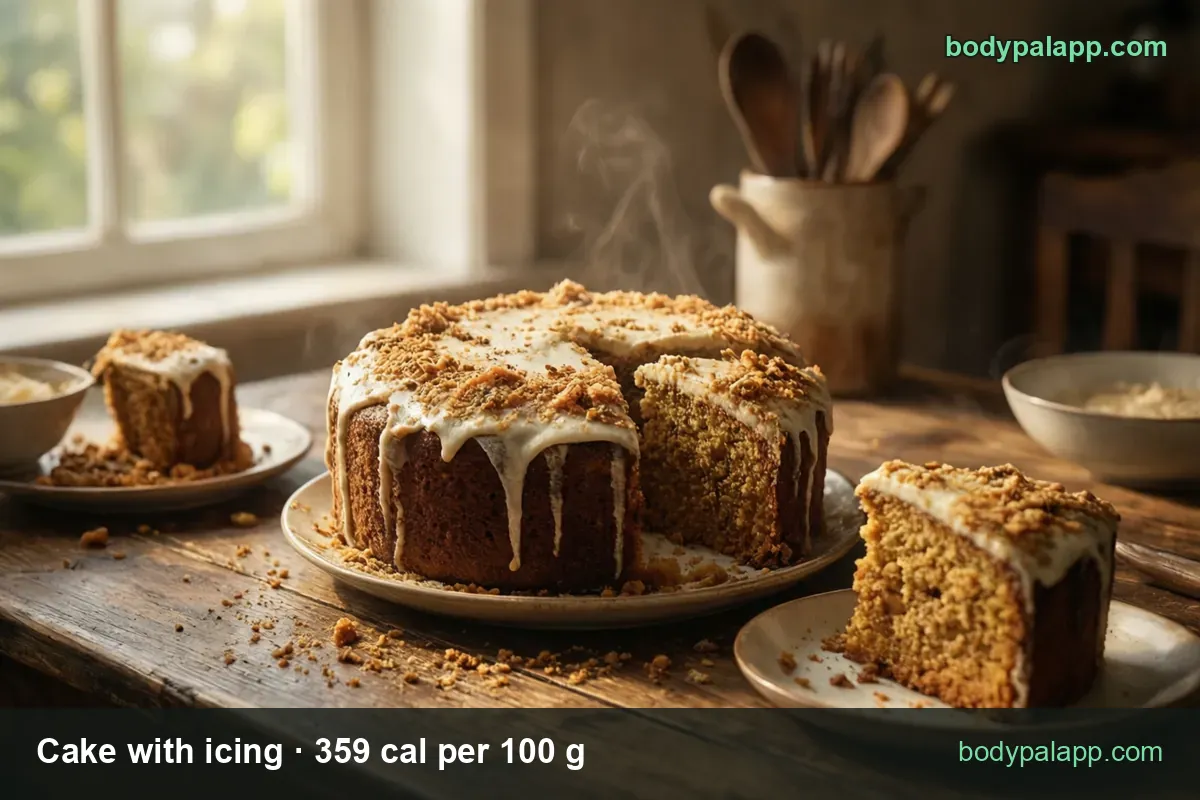Round cake with white drippy icing and crumbs, cut, two slices on plates and a bowl of icing; 115 g slice 413 cal, 170 g 610 cal.