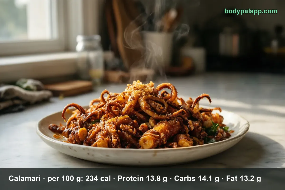 Pile of golden fried calamari rings and tentacles with breadcrumbs and dipping sauce on a plate, steam rising