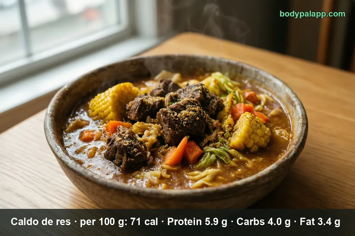 Steaming bowl of caldo de res with beef, two corn cobs, carrots and cabbage in brown broth