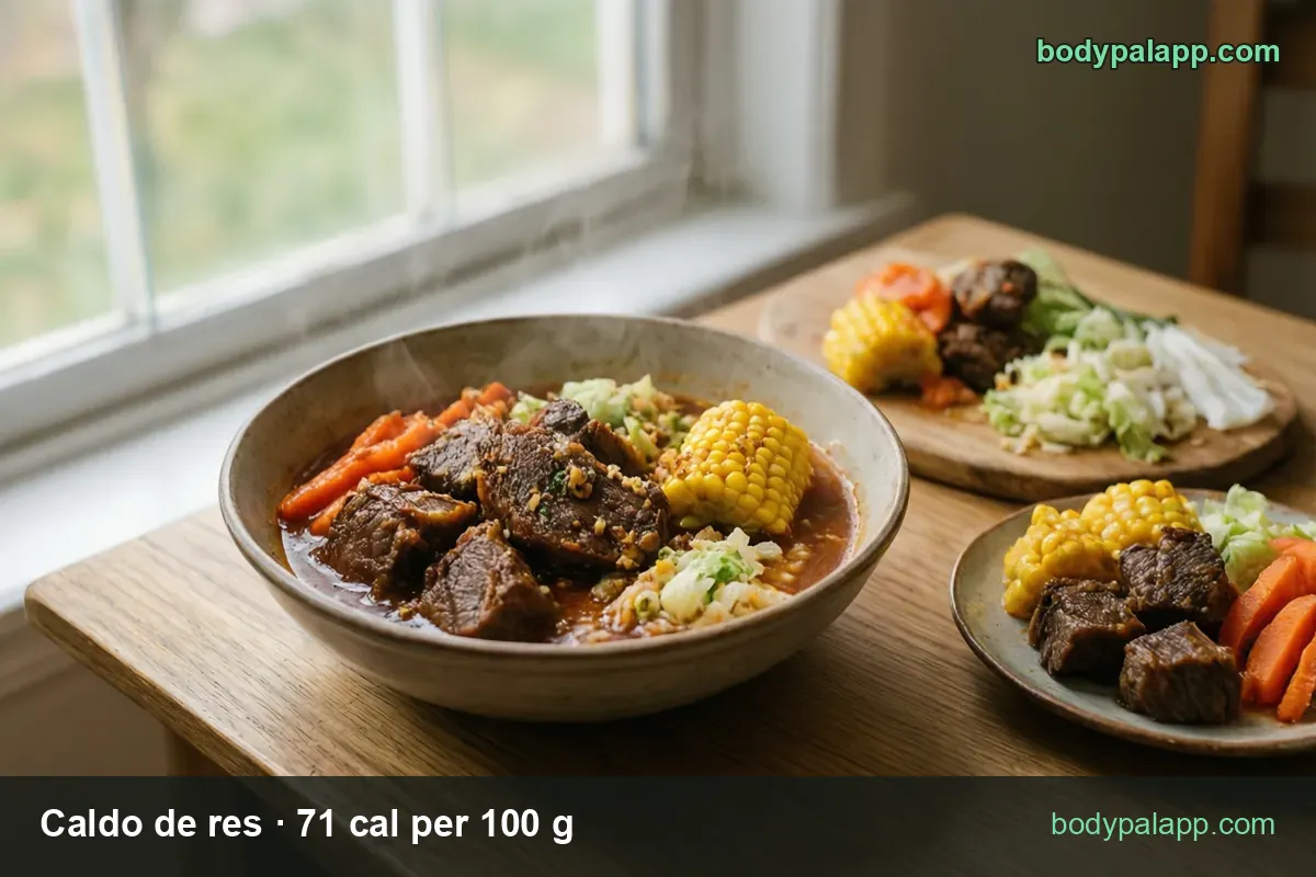 Bowl of caldo de res with beef, corn, carrots and cabbage, cooked corn, meat and cabbage behind it; 1 bowl 490 g 348 cal, 1 cup 245 g 174 cal