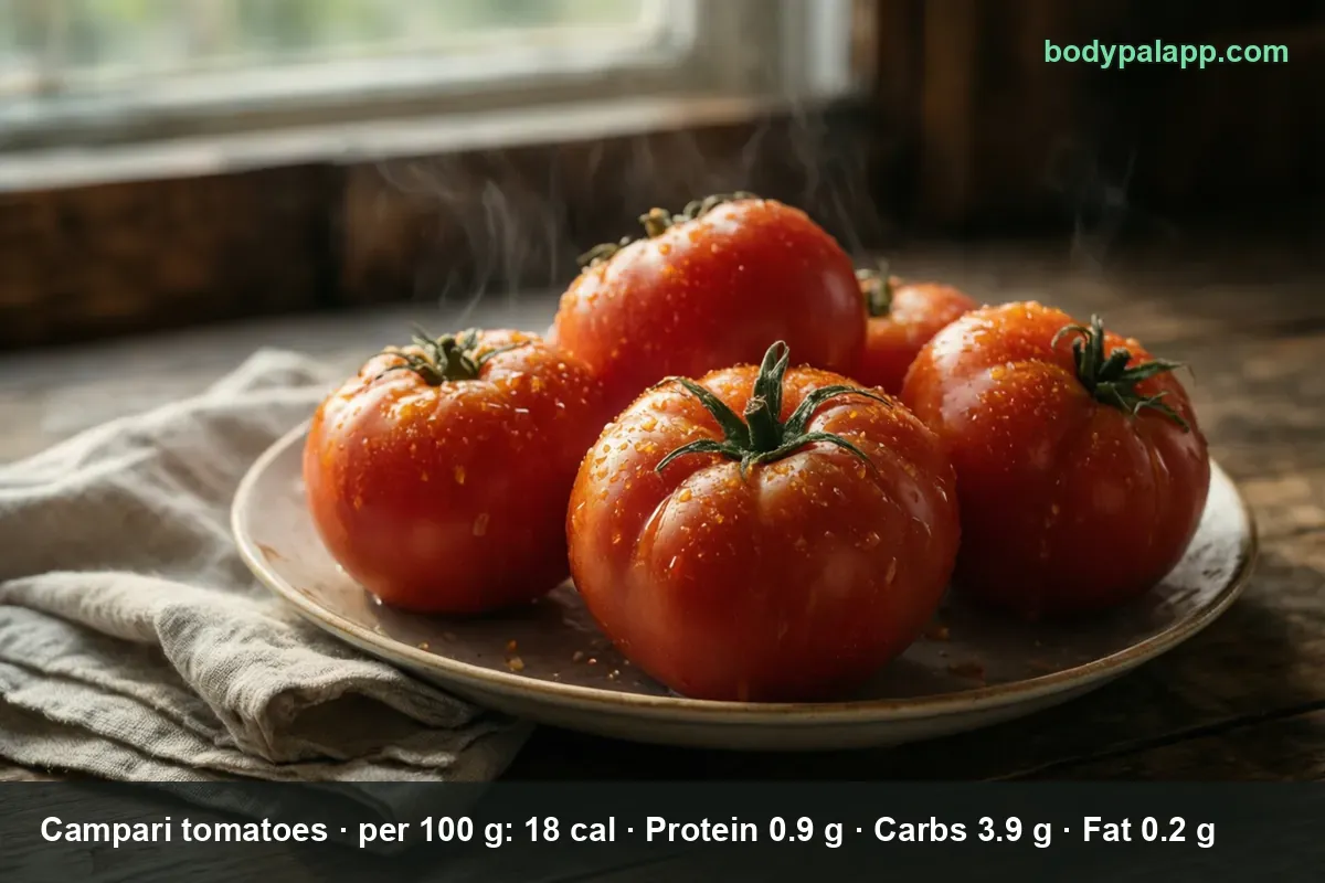 Four whole red Campari tomatoes with green stems and water droplets on a plate