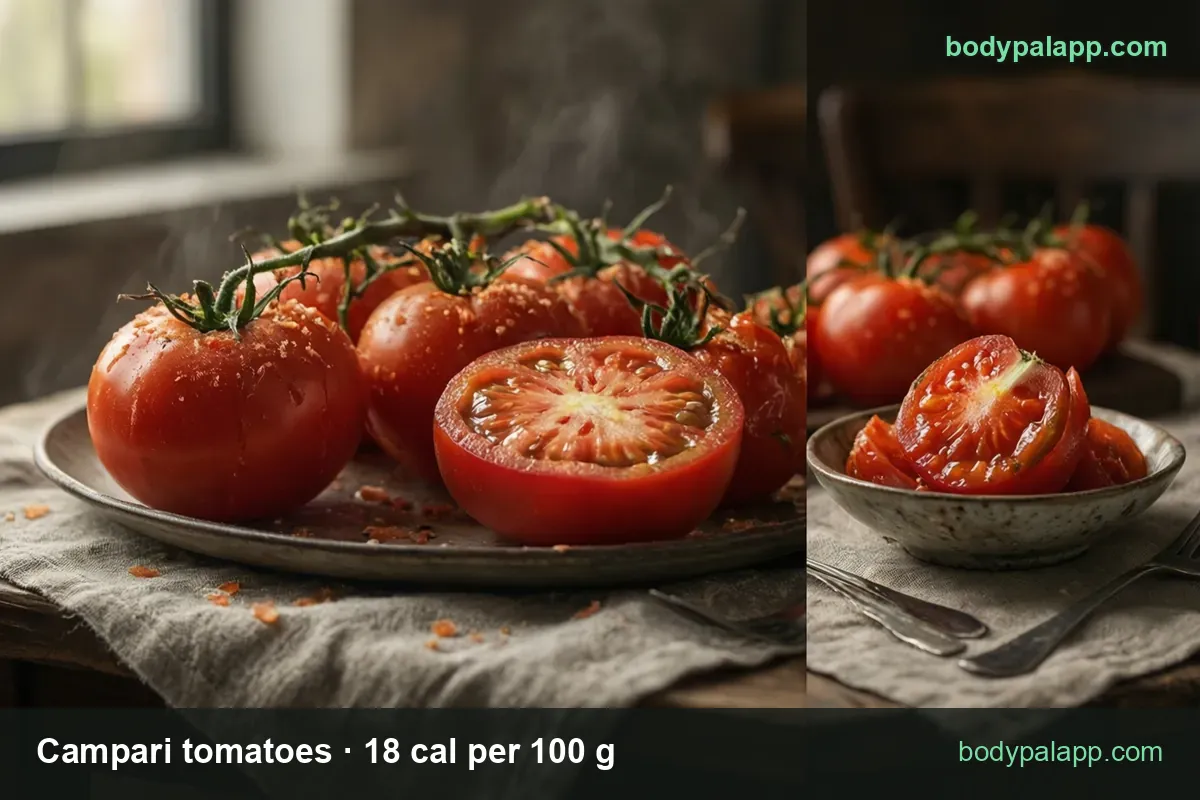 Campari tomatoes on the vine with one halved and a bowl of tomato slices: 1 small whole (91 g) 16 cal, 1 cup sliced (180 g) 32 cal